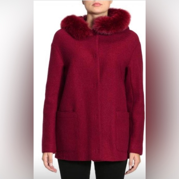 Eleventy Jackets & Blazers - Eleventy 100% Red Wool Coat with Fox Fur Trim Hoodie (detachable) Women Sz8